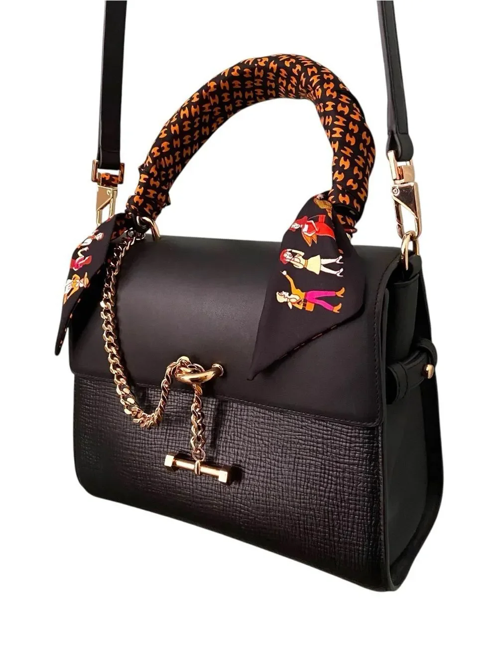 Luana Italy Elegant Black with Gold Accent Satchel Crossbody Bag